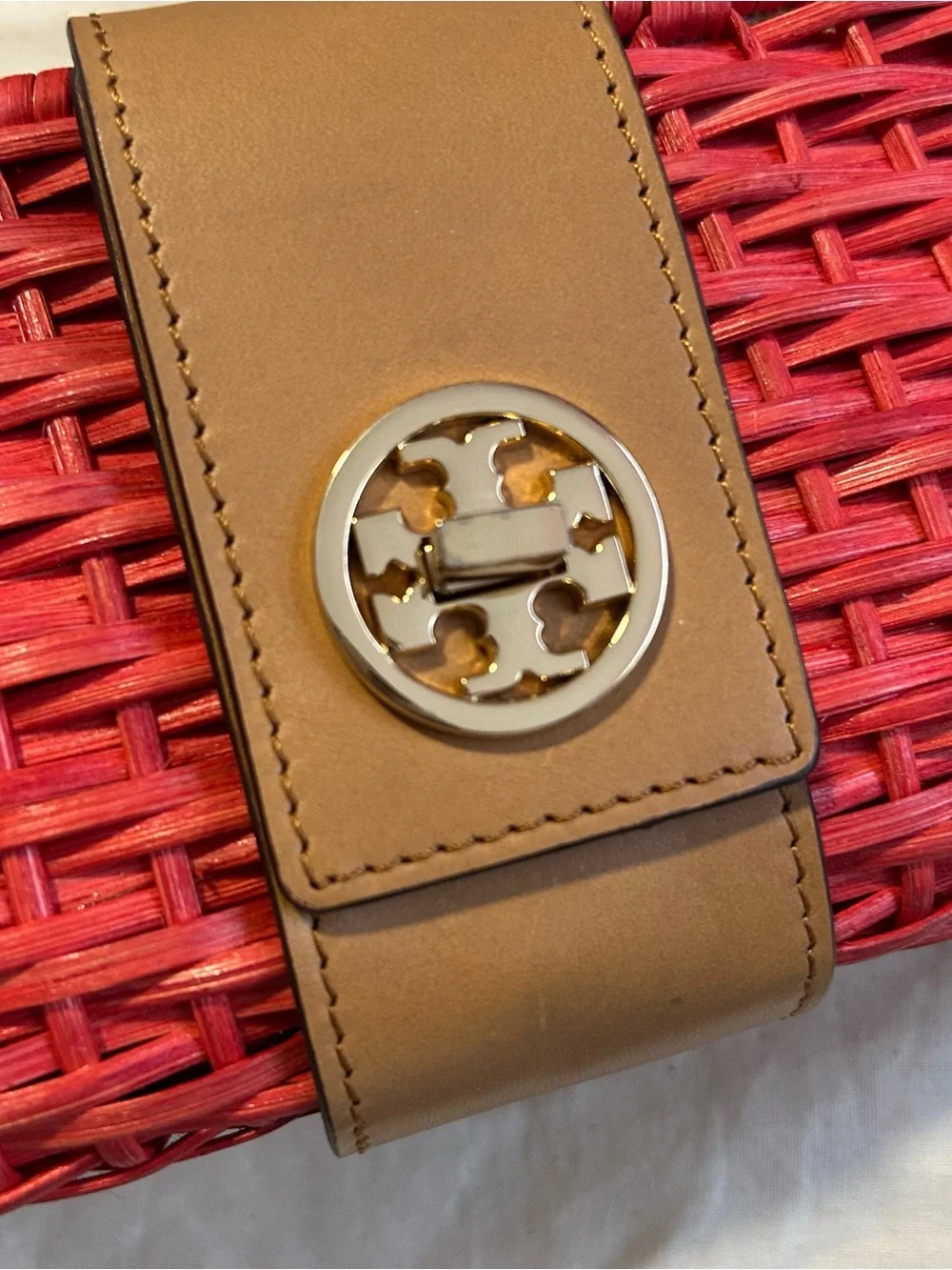 Tory Burch Wicker Rattan Leather Woven Clutch Bag  Purse Orange Gold Boho Summer